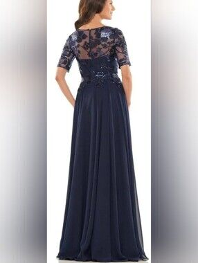 NWT-Elegant Navy Evening Gown MOB Sequin Bodice Flowy FloorLength High Slit14-16